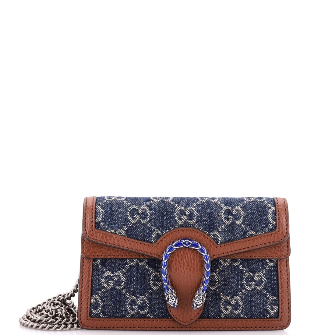 Gucci Dionysus Bag GG Denim Super Mini: Denim woven with the GG pattern is one of the more recent materials Gucci has run through the Dionysus, giving the Super Mini a matte, textile surface none of the coated canvas versions have. The