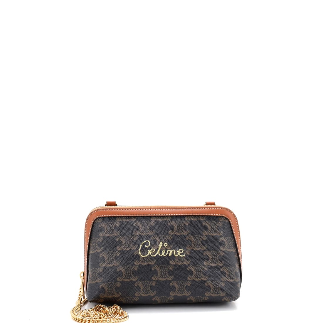 Celine Zip Around Chain Clutch Embroidered Triomphe Coated Canvas: Three and a half inches of depth on a 6.5 by 4 inch face makes this Celine chain clutch far boxier than the format usually allows, and that is the most interesting thing about it. Embroidered