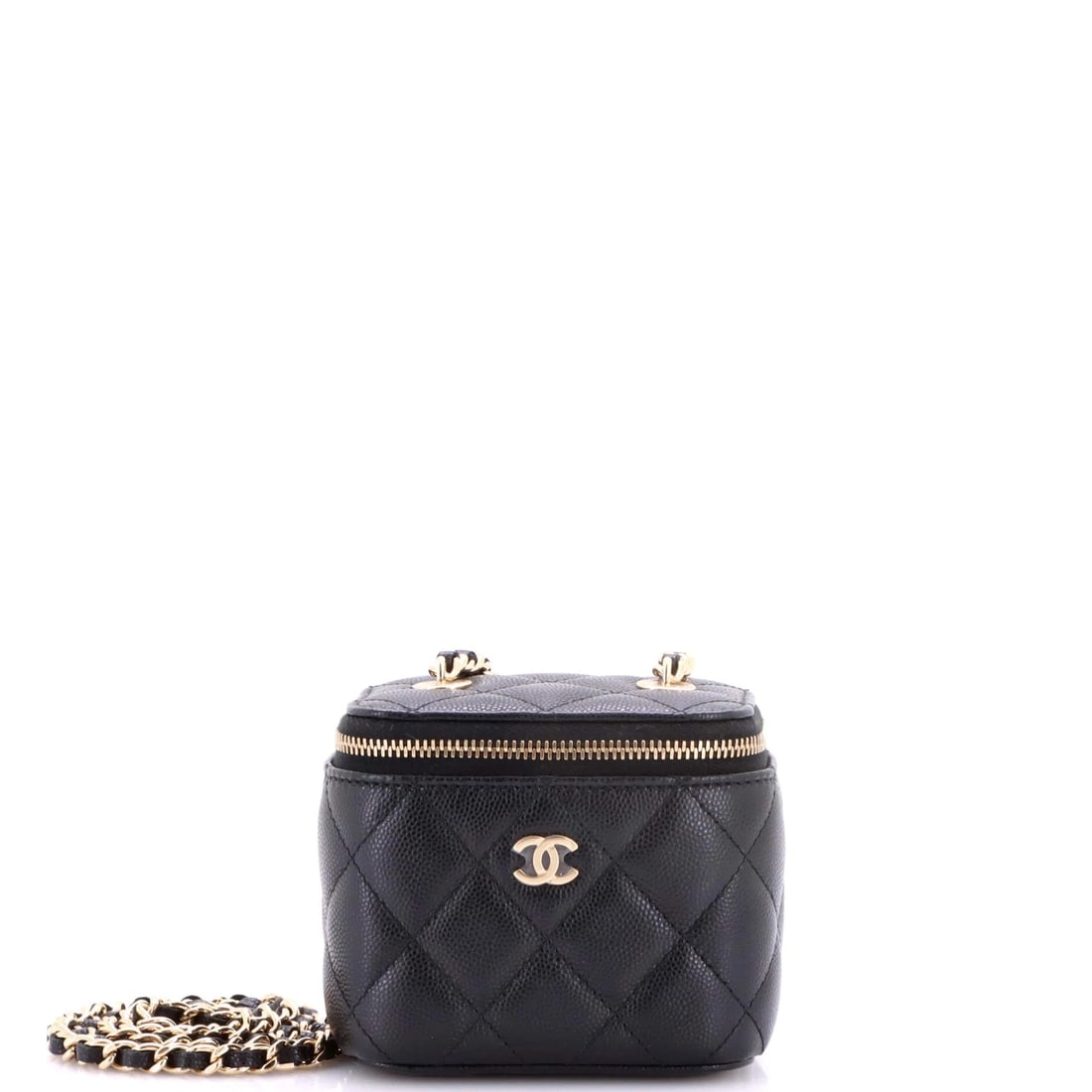 Chanel Classic Vanity Case with Chain Quilted Caviar Mini: At 4 inches wide, 3.5 high and 3 deep, the mini vanity is the smallest of Chanel's case bags and the most ornamental, a near-cube that stands upright and closes with a clasp rather than a flap. Caviar