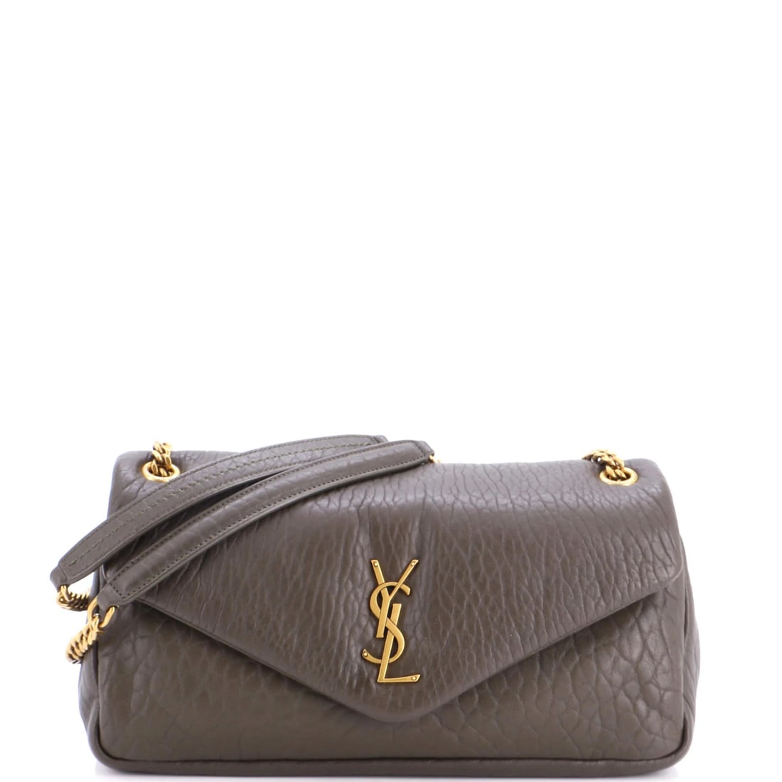 Saint Laurent Calypso Flap Bag Leather Medium: Calypso is Saint Laurent at its most minimal, a long horizontal flap with no visible hardware and no monogram on the front at all. Medium measures 11.5 inches wide, 5.5 high and 2.5 deep, an