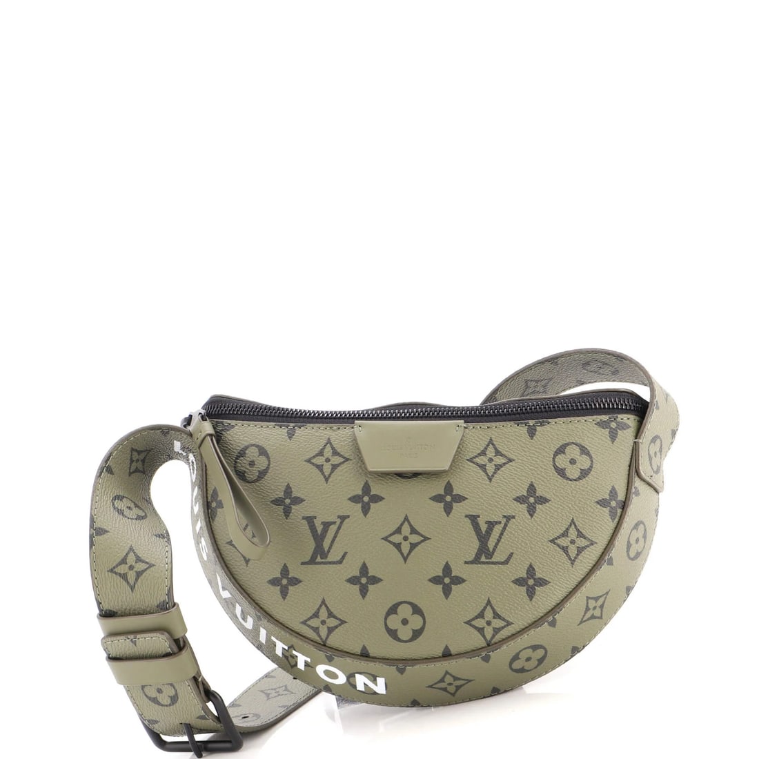 Louis Vuitton LV Moon Crossbody Bag Monogram Canvas: The Moon takes a curved, crescent-shaped body and hangs it from an adjustable strap, roughly 9 by 6.5 by 3 inches, so the bag follows the line of the hip rather than cutting across it. That curve is t