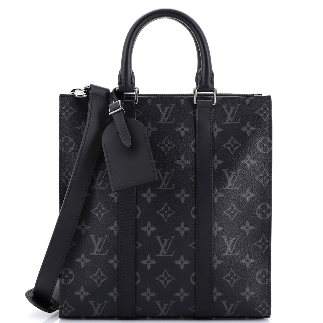 Louis Vuitton Sac Plat Cross Bag Monogram Eclipse Canvas: The Sac Plat Cross keeps the original flat tote profile and adds a long strap, giving roughly 10 by 11 by 2.5 inches of upright body that can be worn across the chest. Depth of two and a half inches i