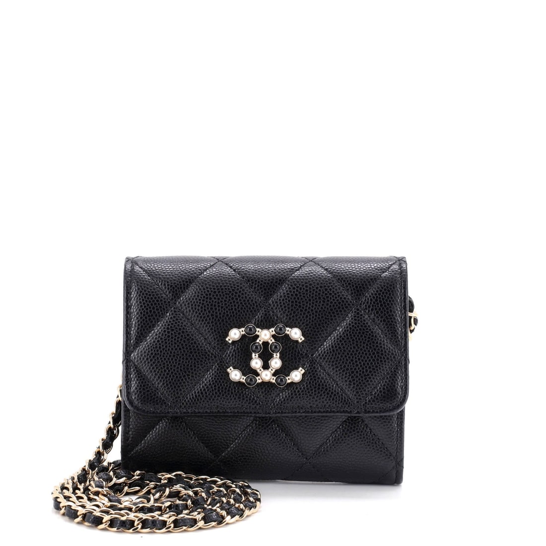 Chanel Coco Candy Card Holder on Chain Quilted Caviar: Chain is the hardware doing the work here, twenty-one inches of it threaded through the top so the holder wears cross-body with nothing to unclip. The Coco Candy treatment inflates the quilting, pushi