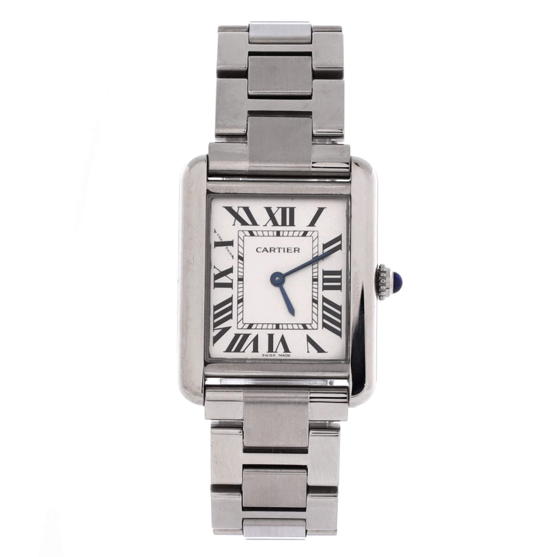 Cartier Tank Solo Quartz Watch Stainless Steel 24: At 24 millimeters across and 6 deep, the Tank Solo is the model reduced to its own outline: no diamonds, no gold, just the rectangular case, the Roman numerals and the flat rails running down either s