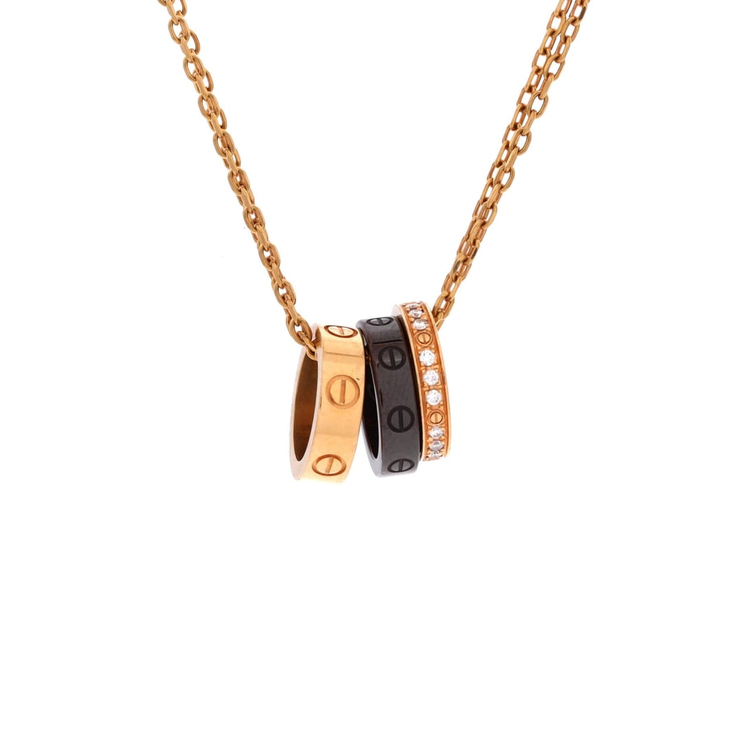 Cartier Love 3 Ring Pendant Necklace 18K Rose Gold and Ceramic with Diamonds: Setting one ceramic ring among gold gives this pendant its contrast: three interlocking circles, each cut with the screw motif that identifies the Love line, one of them catching light on an entirely 
