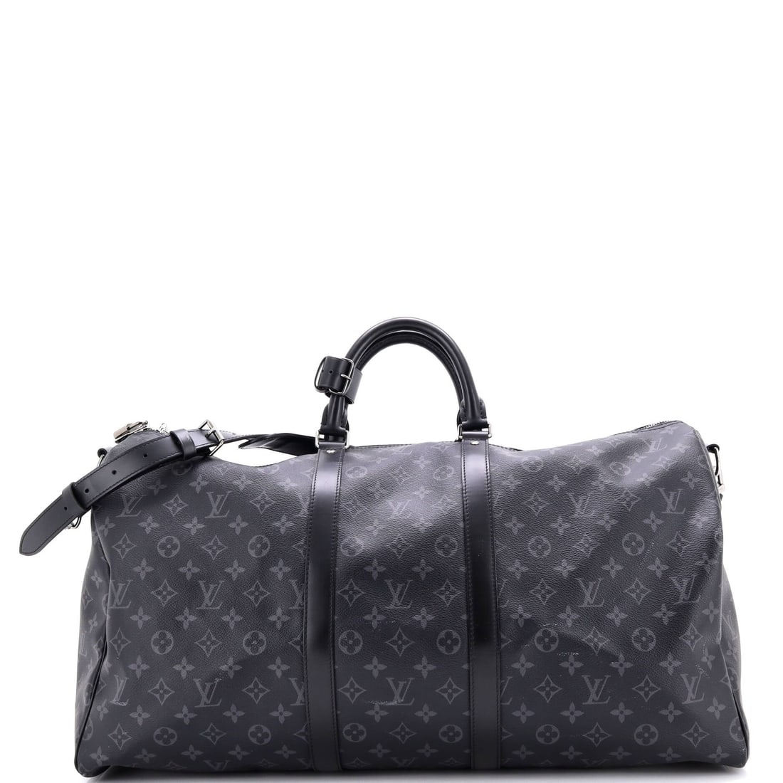 Louis Vuitton Keepall Bandouliere Bag Monogram Eclipse Canvas 55: This is the Keepall at full scale: 22.5 inches long, 12 high and 9.5 deep, the largest of the standard run and the point at which the bag stops being a weekender and becomes actual luggage. Monogram E