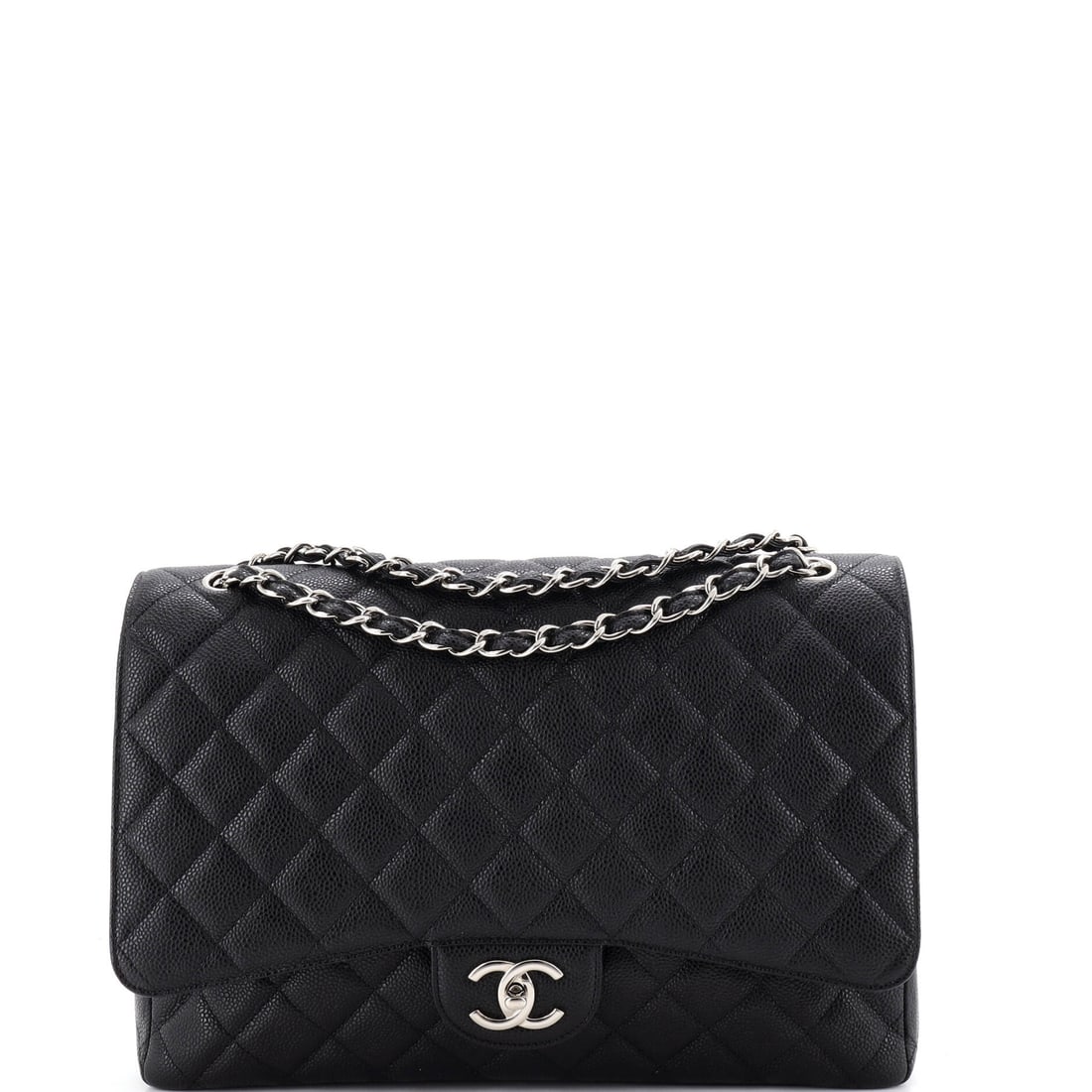 Chanel Vintage Classic Double Flap Bag Quilted Caviar Maxi: Two pieces of hardware decide a Classic Flap, and both are here: the interlocking CC turn-lock, in use as a house mark since the 1920s, and the chain-and-leather strap threaded through the top edge. C