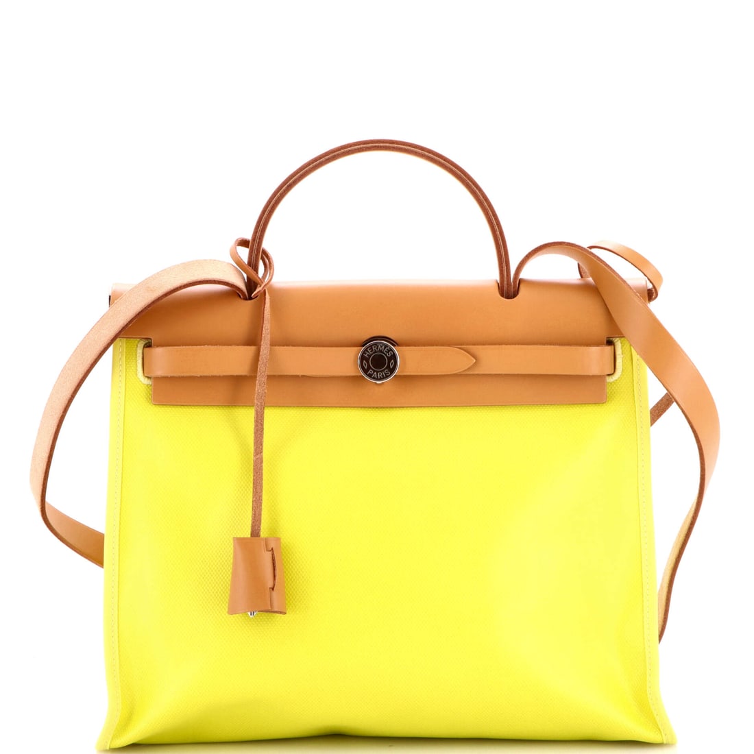 Hermes Herbag Zip Berline Vache Canvas and Leather 31: Lime is not a shade that asks permission, and on this Herbag Zip 31 it turns a practical design into something joyful. The Herbag is built around a toile body with leather trim, here in Berline Vache 