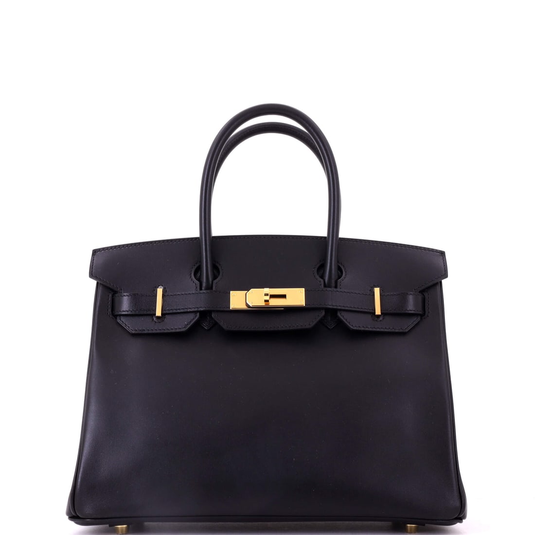 Hermes Birkin Handbag Black Box Calf with Gold Hardware 30: Box calf is a smooth, glazed calfskin with a glassy polish, and on this Noir Birkin 30 it creates a surface of almost liquid depth. Gold-tone hardware adds warmth against black, highlighting the turnl