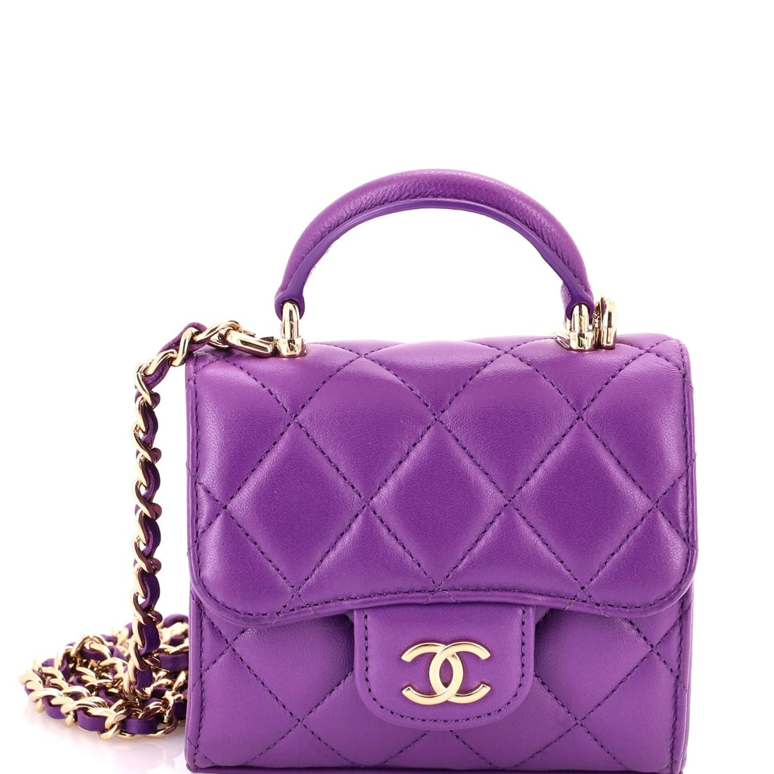 Chanel Square Classic Flap Top Handle Clutch with Chain Quilted Lambskin: A 4.5-inch square is all the room this Chanel needs to make its point. The Square Classic Flap Top Handle Clutch with Chain takes the house's flap silhouette into a compact, symmetrical format, adding