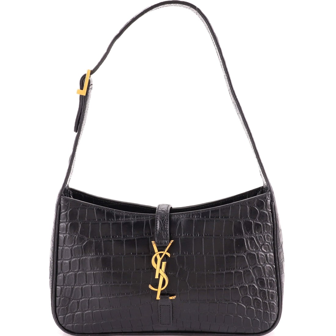 Saint Laurent Le 5 a 7 Hobo Crocodile Embossed Leather Small: Scale-stamped and softly slouched, this black Saint Laurent Le 5 a 7 Hobo in the Small size is the one that keeps turning up on street-style feeds slung high under a blazer. Crocodile embossed leather