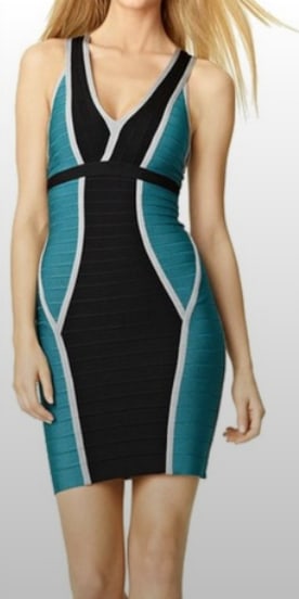 Herve Leger Eyvette Teal and Black Dress with White Trim: In great condition. Size L. Elegant Herve Leger dress in teal and black. Features white trim. Ideal for stylish outings.