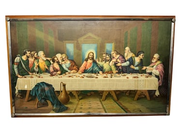 Antique 1930s Last Supper Lithograph Wood & Metal Frame Old World Decor
