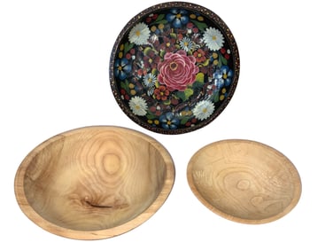 3 Wooden Bowls, Tole painted and unfinished.