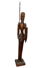 Carved Don Quixote Spear & Shield Wooden Statue
