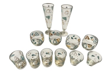 12pc ensemble Vintage Federal Glass Amoeba/ Boomerang Glassware