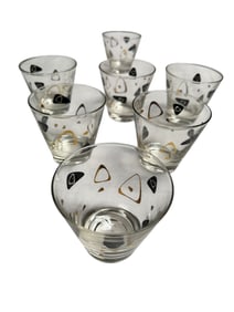 7pc Lot Vintage Federal Glass Boomerang/Amoeba Black and Gold Manhattan Glasses