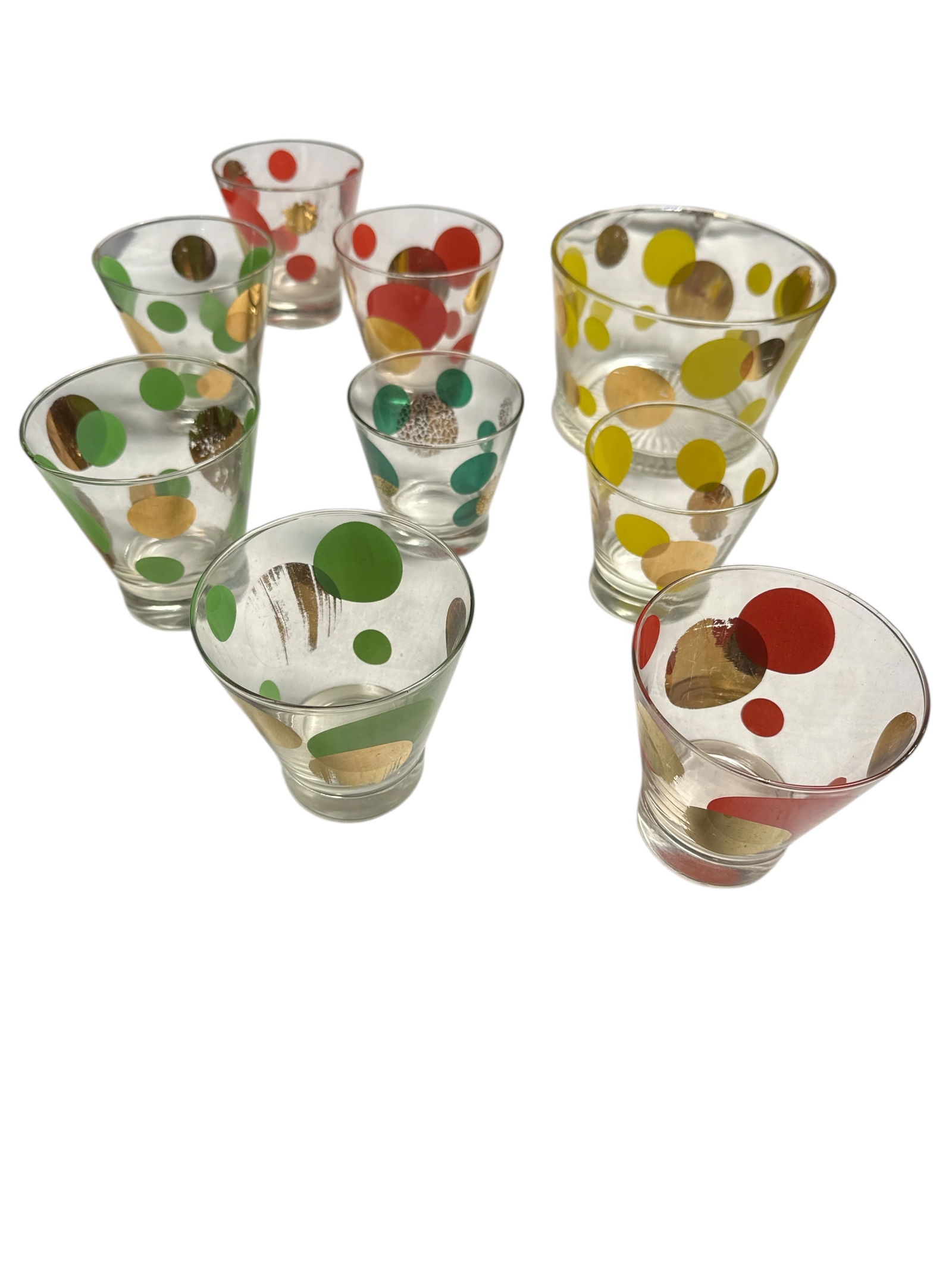 Vintage ‘Eclipse” Glasses and Ice Bucket Russel Wright: Designed by Russel Wright for Bartlett-Collins in the Mid-Centurt Modern Style, also called Polka Dot Glasses. No chips, cracks, or breaks but there is some gold and color loss.Ice bucket measures 4 1