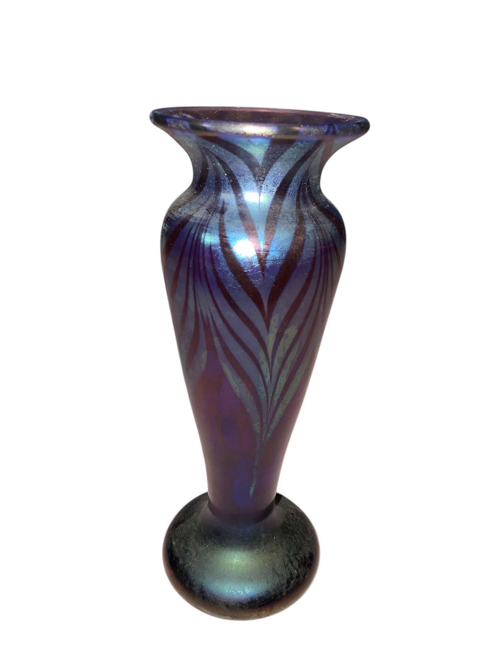 Orient & Flume Pulled Feather Art Glass Bud Vase: Stands a diminutive 5 1/2” tall but commands attention from across the room. Heavy for its size with no chips, cracks, breaks, or repairs upon visual inspection.