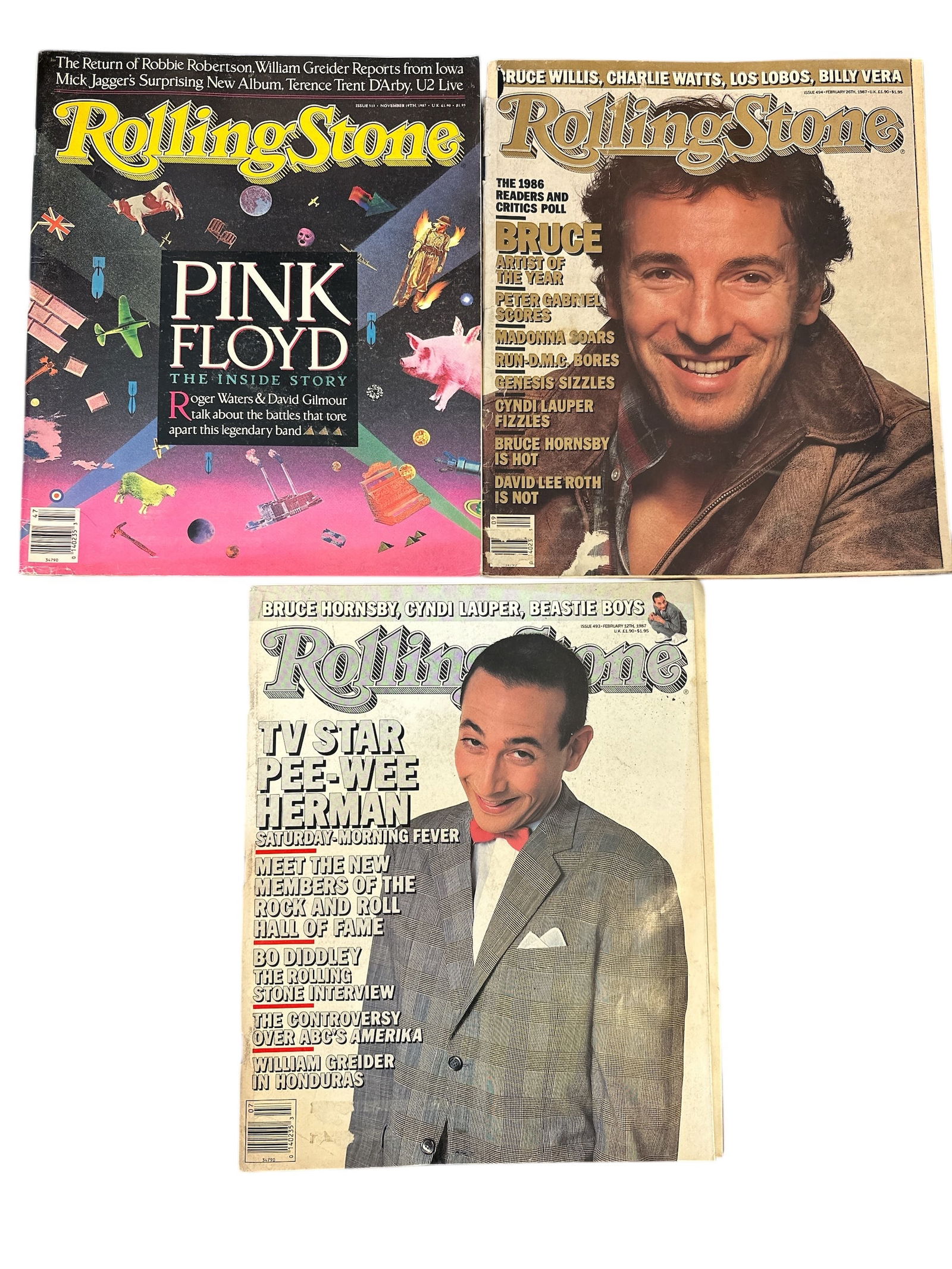 3 issues Rolling Stone Magazine 1987Bruce Willis Pee-Wee Herman Pink Floyd: February 12th 1987, February 26th, 1987, November 19th, 1987. All appear to be complete. Covers are rough But the stories are still inside!10” x 12”. 2lb