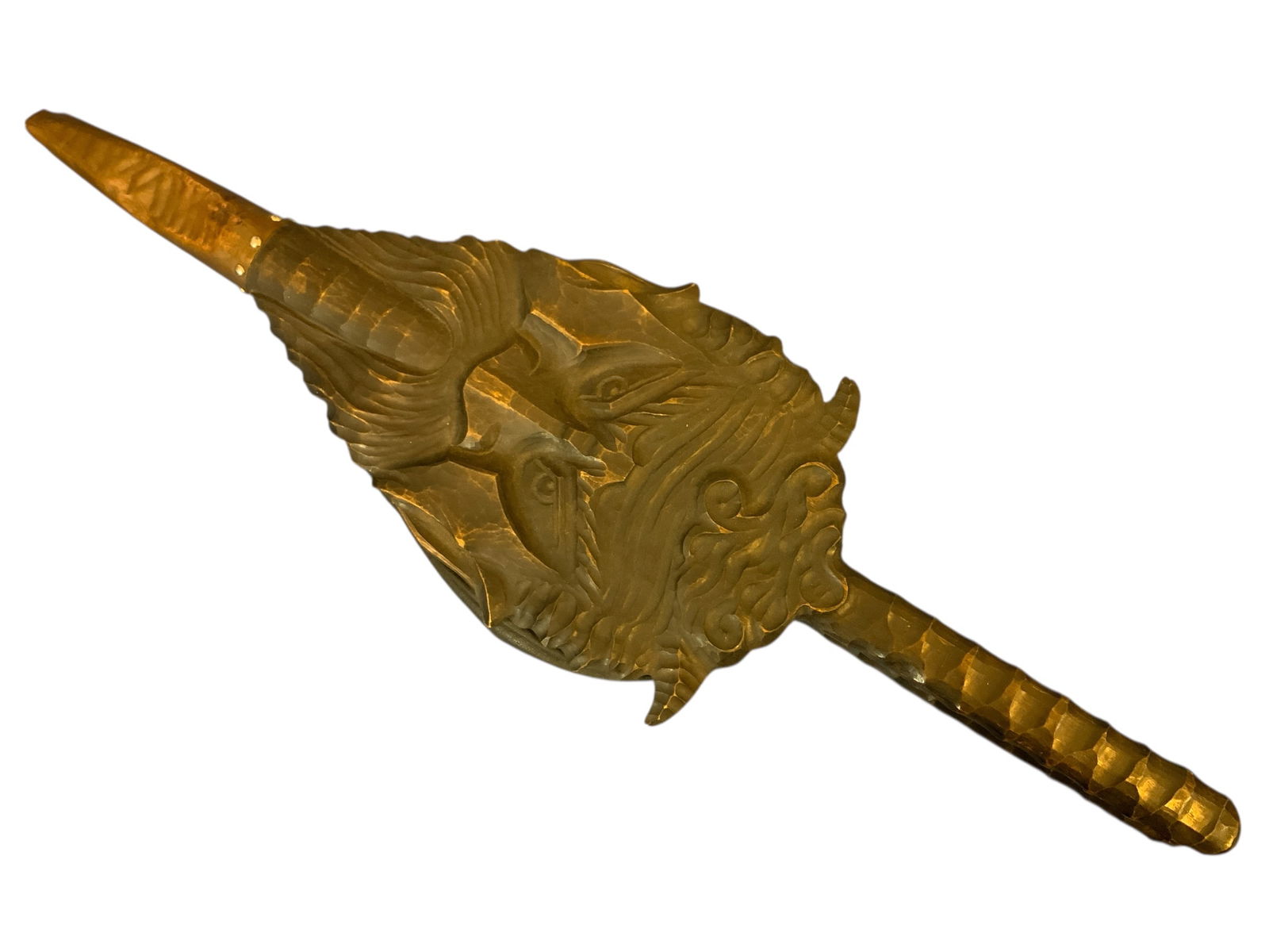 Carved Wood Leather and Copper Fireplace BELLOWS: Leather is pliable and in good condition. Wood appears carved to a man’s face or perhaps a deity. Copper nozzle is dented but functions just fine.2” x 7 1/2” x 25 1/2”