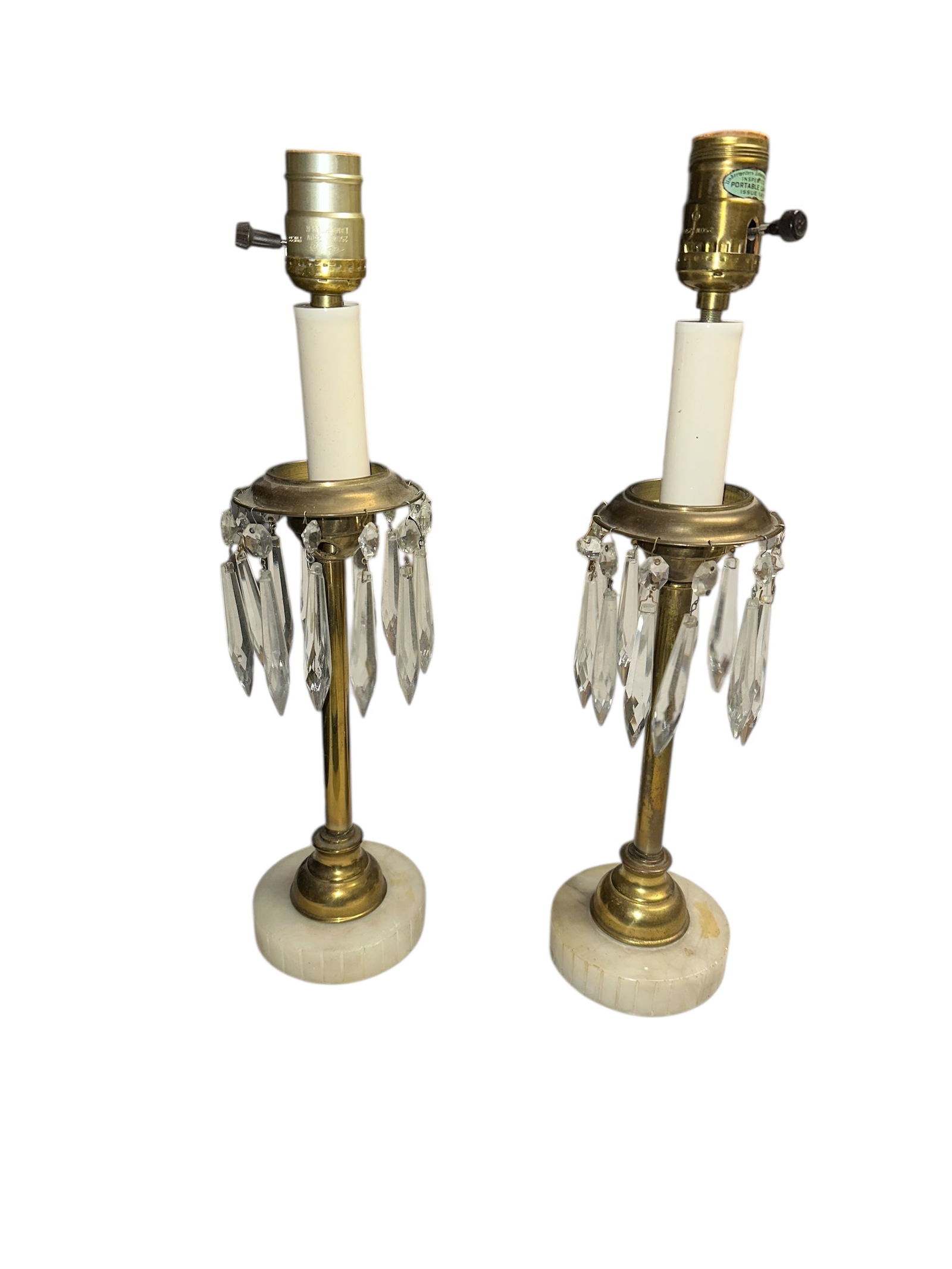 2 Vintage Candlestick Boudoir Lamps with Hanging Prisms and Marble Bases: All prisms are present and hanging. One lamp needs tightening.17” tall, 4” diameter base 4Lb total