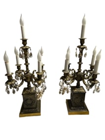 2 Mid-century French Hollywood Regency Candelabra Table Lamps with 5 Arms and Crystal Prisms