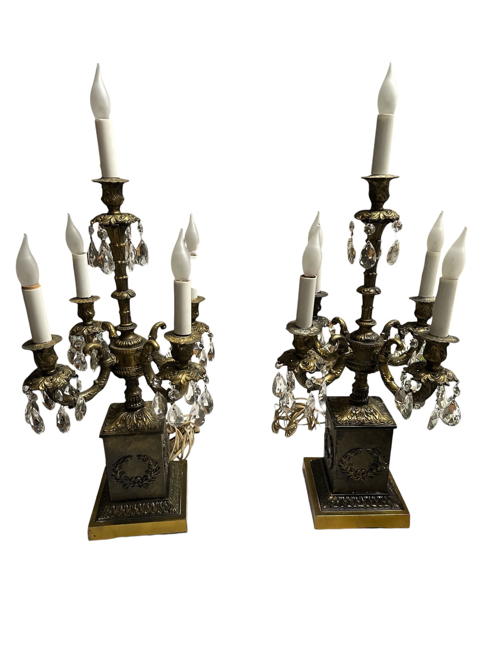 2 Mid-century French Hollywood Regency Candelabra Table Lamps with 5 Arms and Crystal Prisms (1 of 6)