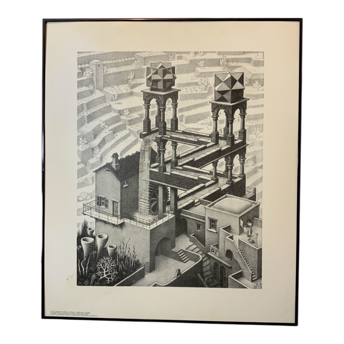 1961 Print M.C. Escher WATERFALL Cordon Art: Good condition. Not under glass Has a smudge and a scratch.22”x26”