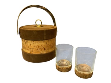 Mid-Century Georges Briard Cork and Ultra Suede Ice Bucket with Matching Glasses