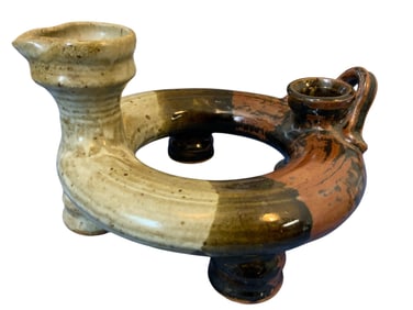 Vintage Footed Drip-glaze Pottery Donut Vessel / Pitcher / Flask