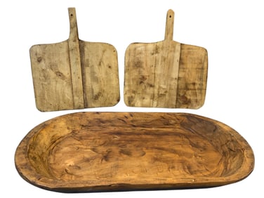 Carved Wood Bread Proofing Tray and Two Wood Paddles