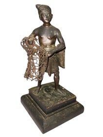 Bronze Depiction of a Fisherman Holding a Net and Creel
