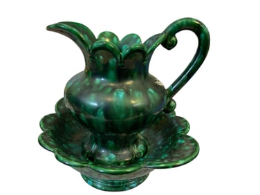 Ceramic Pitcher and Bowl Set Mottled Green