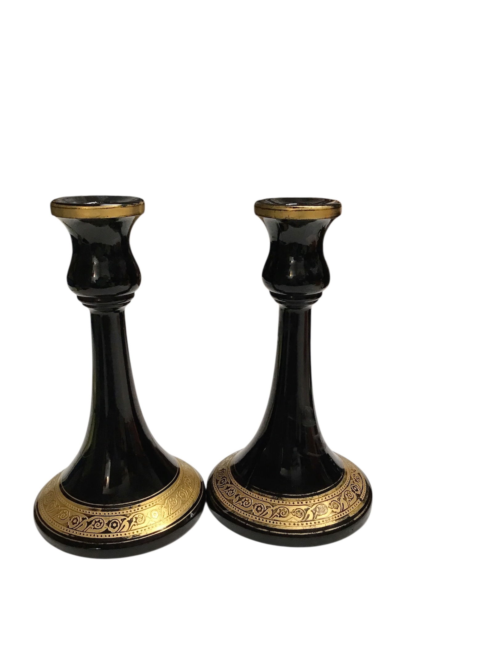 Pair of Black Amethyst and Gold Candleholders: Pair of Black Amethyst and Gold candleholders. In good condition. They do have some wear. 4” x 8”