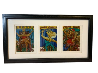 Framed and Matted Triptych featuring Circus Performers