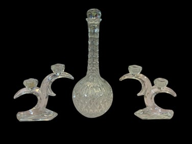 Cut Glass DECANTER with 2 Glass Candle Holders