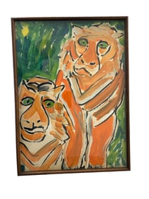 Framed Watercolor Under Glass Two Tigers