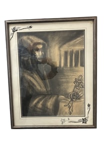 Framed and Matted Charcoal Drawing of Cloaked Figure Holding a Rose