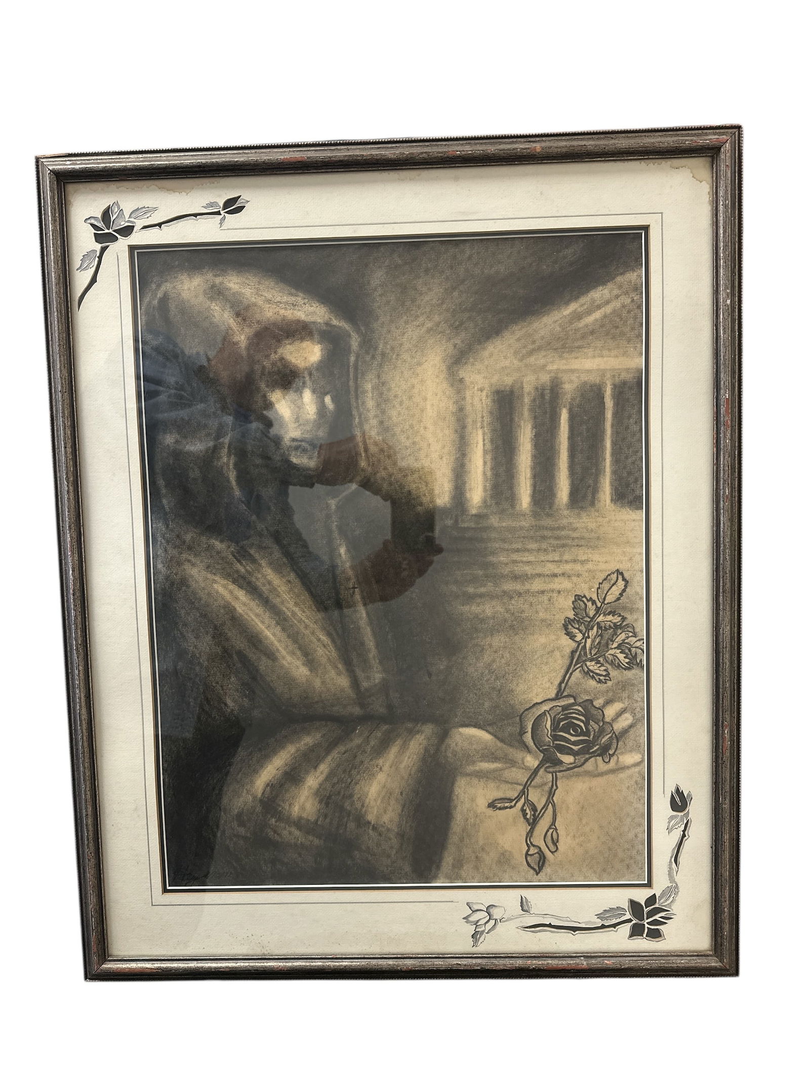 Framed and Matted Charcoal Drawing of Cloaked Figure Holding a Rose (1 of 5)