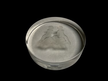 Cut and Etched Val S’Lambert Nudes on a Rock Intaglio Crystal Paperweight