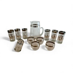Mid-century Monogrammed Silver-trimmed Beverage set.