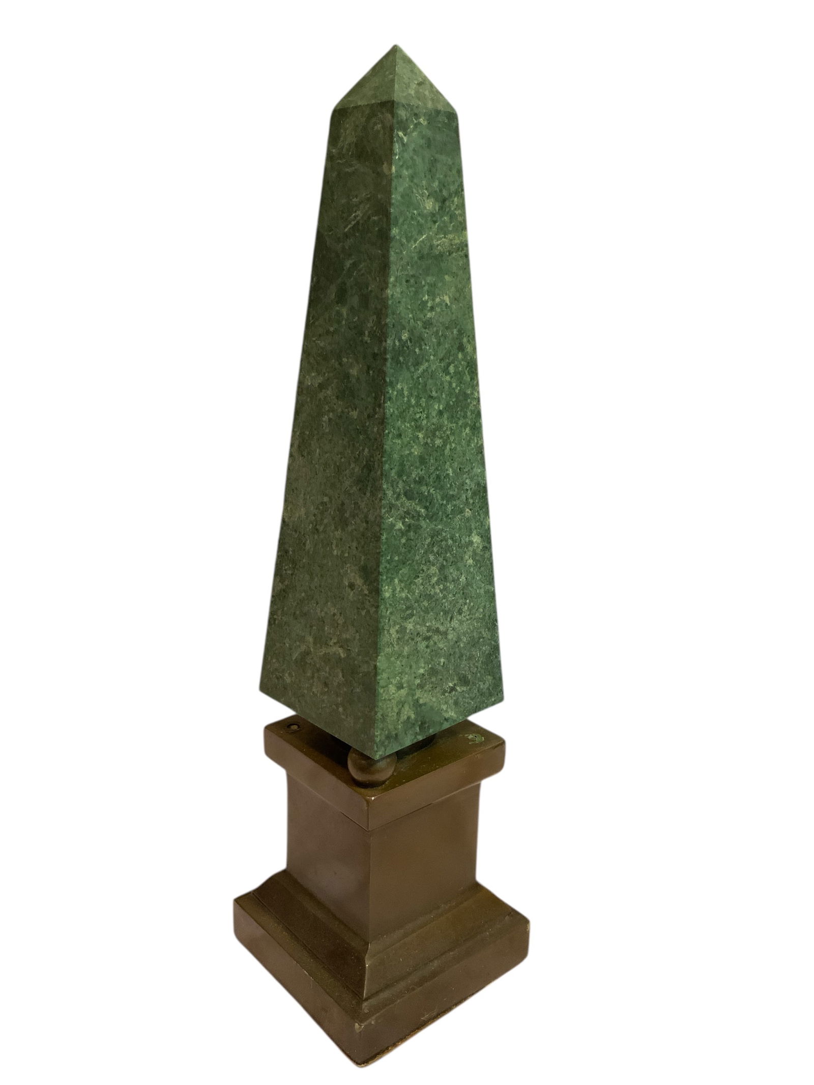 Vintage Green Marble Obelisk Sculpture 12 1/2” overall: Vintage Green Marble Obelisk Sculpture 12 1/2”. Visual inspection reveals one small chip, and no cracks, breaks, or repairs. Sits on a center peg and 2 ‘marbles’ currently. The other two are