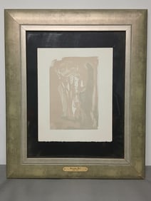 Salvador Dali Woodcutting Print Comedy 1964: Salvador Dali woodcutting print comedy 1964 framed and matted under glass with information on back dated 9/27/12 it is in excellent condition and measures 23.5 inches tall and 19.5 inches wide