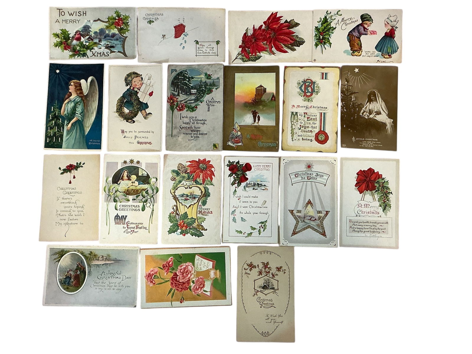 Vintage Christmas POSTCARDS 19pcs: Vintage Christmas POSTCARDS 19pcs.Cards are not perfect. Some do not lay flat. All are quite old with great graphics.