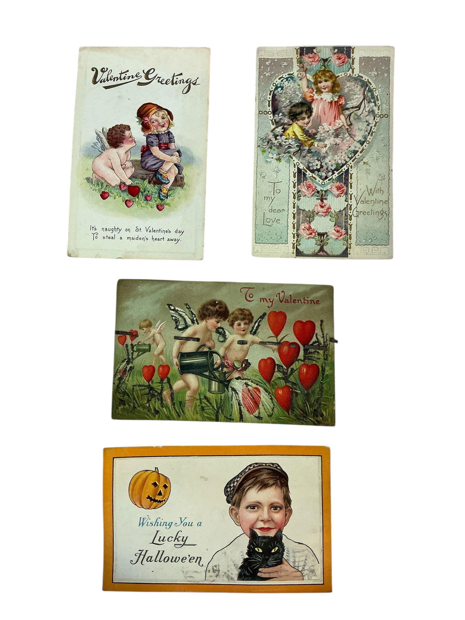 Vintage HALLOWEEN VALENTINES DAY POSTCARDS: Vintage HALLOWEEN VALENTINES DAY POSTCARDS.Cards are not perfect. Some do not lay flat. All are quite old with great graphics. The horizontal Valentines card has what appears to be old rubber band pie