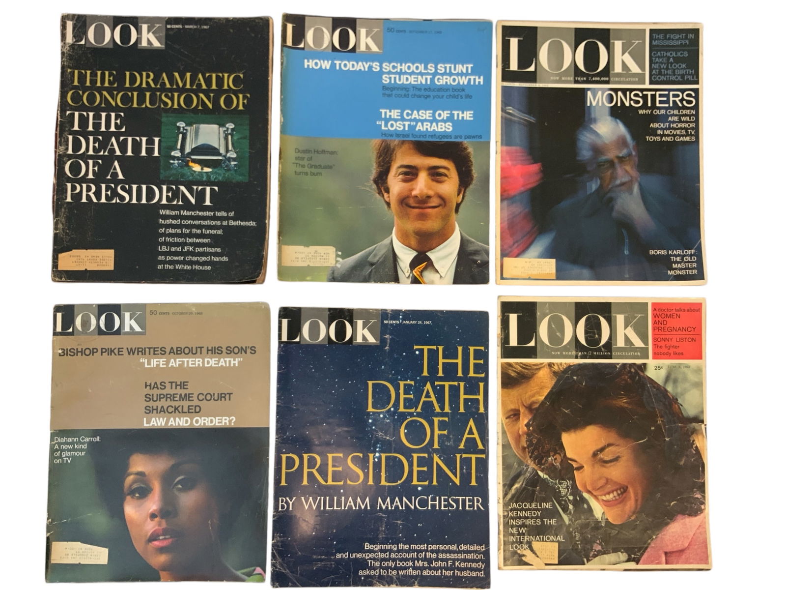 LOOK Magazine 1960s Kennedys, Dustin Hoffman Boris Karloff &etc: LOOK Magazine 1960s Kennedys, Dustin Hoffman Boris Karloff &etc. Very readable. No offensive odors. Old paper showing normal wear. 10 1/2” x 13”