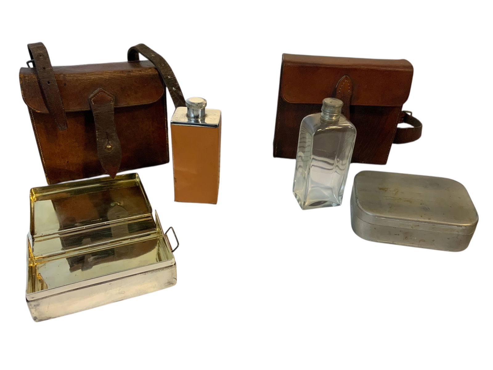 Two Hunting or Saddle Flask and Sandwich Sets in Leather Pouches Harrods’ LTD and Unmarked (1 of 6)