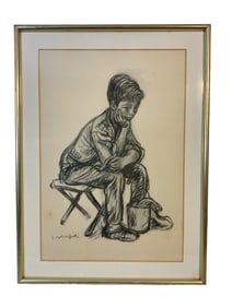 Framed Drawing Under Glass Pensive Boy Seated