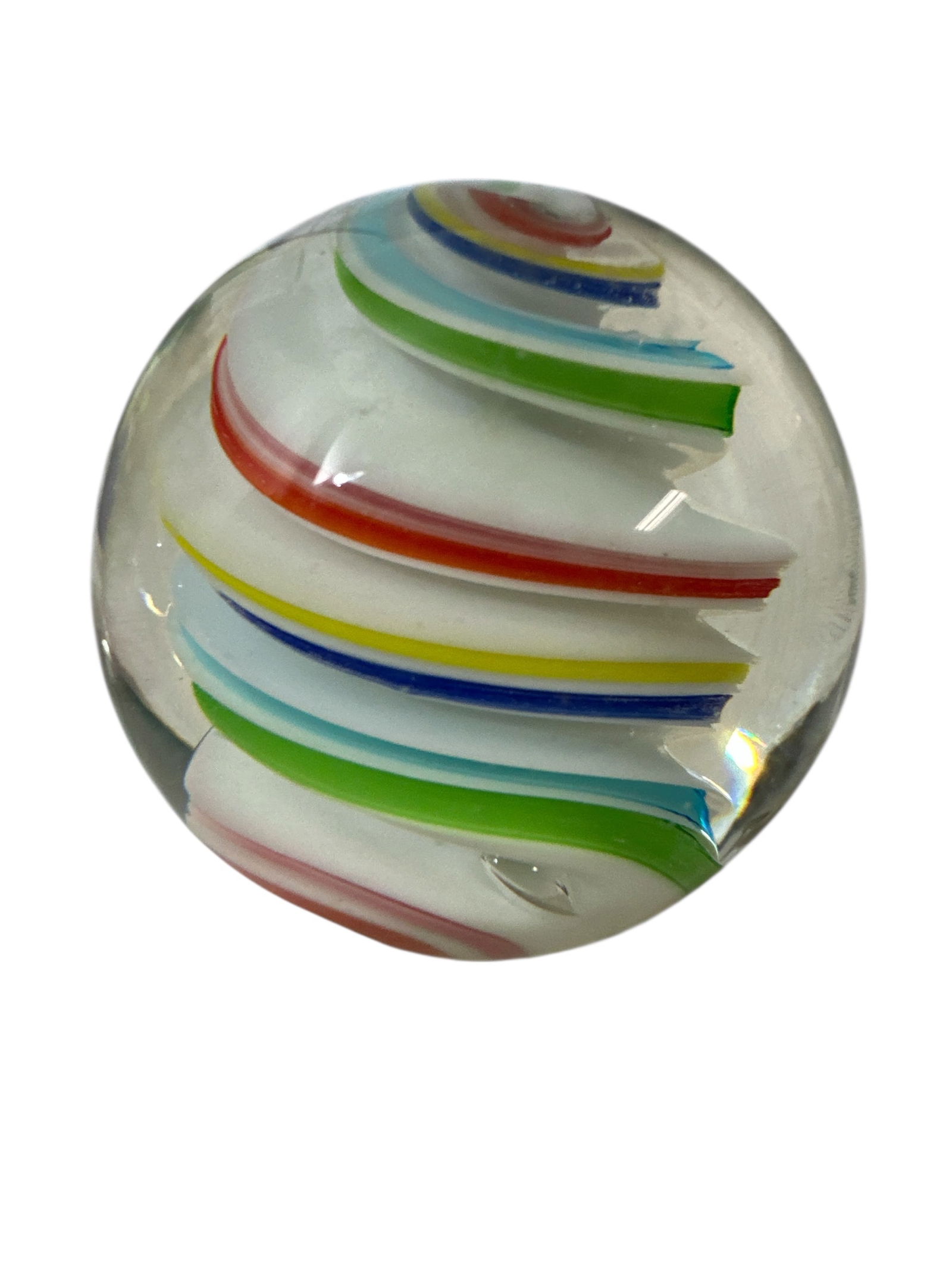 Vintage Ice Cream Swirl Art Glass Paperweight: Vintage Ice Cream Swirl Art Glass Paperweight. No labels or markings to identify the manufacturer. Has a couple of scratches that are not immediately evident.. Just a touch more than 3”